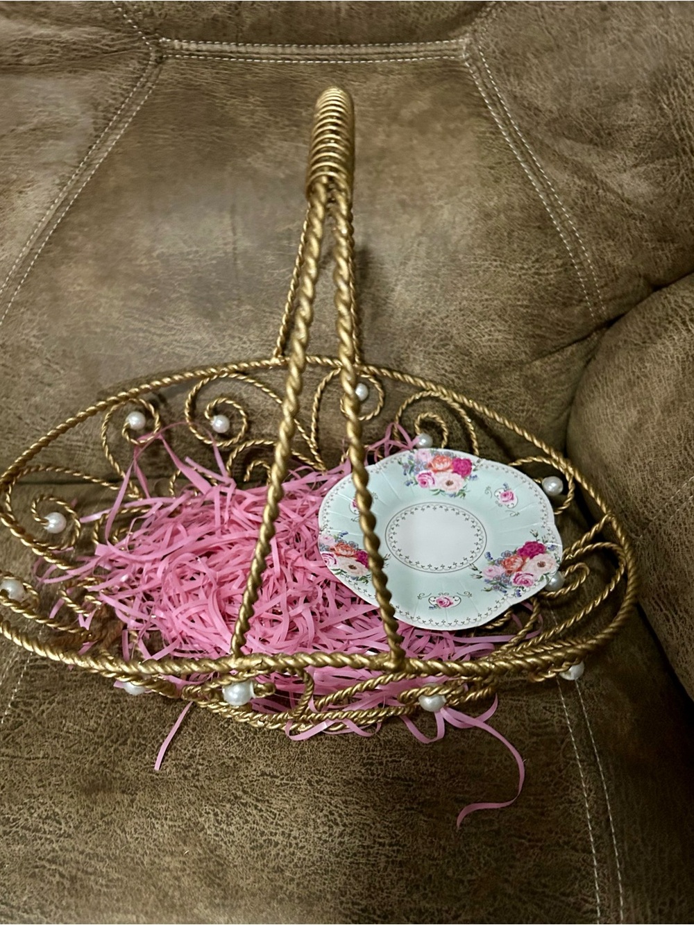 Vintage Gold Twisted Rope Handle Decorative Basket with Pearl Accents -